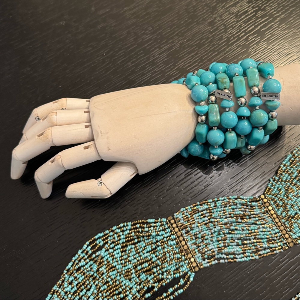 The Limited Stretchy Beaded Bracelets in Faux Turquoise & Silver - Set of 6